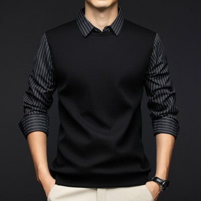时尚假两件翻领套头长袖T恤韩版春秋款休闲潮流韩男士打底衫