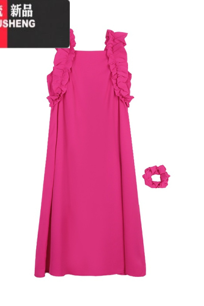 YIBUSHENG法式气质飞飞袖玫红色连衣裙女季方领裙子小众设计感长裙A字裙