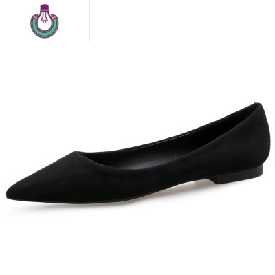 FISHBASKET2020新款单鞋女平底尖头浅口鞋皮平跟工作鞋女黑色百搭女鞋休闲鞋