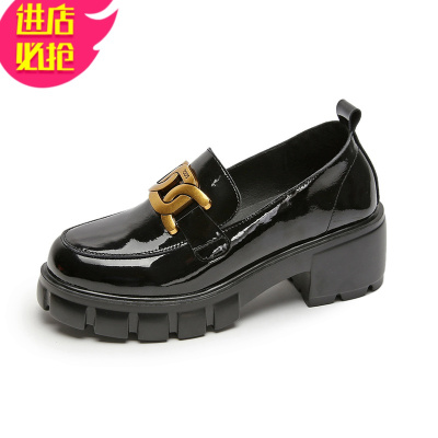 金三志复古英伦风小皮鞋女2021年新款皮黑色漆皮春款厚底增高跟乐福鞋休闲鞋