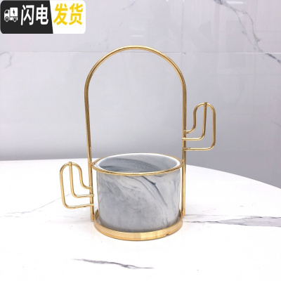 三维工匠ins北欧小清新多肉陶瓷小花盆创意个性室内好看铁艺简约客厅摆件 仙人柱架+大理石纹盆 中花盆容器