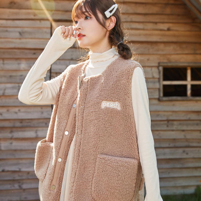 [3件8.5折101.9元,叠加优惠券]唐狮冬季新款外套女仿羊羔毛棉马甲百搭上衣女夹克韩版休闲学院风