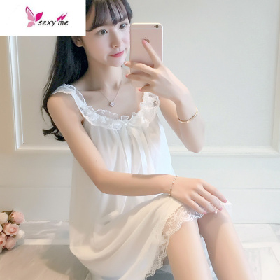 休闲家居女夏季纯睡裙薄款花边裙公主家居服带胸垫睡裙FISHBASKET