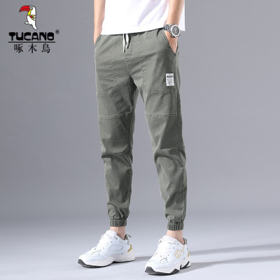 啄木鸟休闲裤男装男士2021夏季新款长裤子束脚九分裤男仿牛仔休闲裤弹力薄款百搭潮流韩版时尚