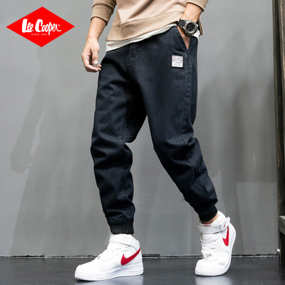 LeeCooper新款时尚潮款个性宽松舒适束脚纯色潮牌休闲牛仔裤男