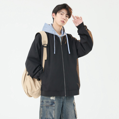 春秋新款男装假两件夹克外套男工装潮牌宽松百搭纯色休闲男士连帽