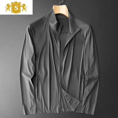 SUNTEK中老年外套男轻薄款春夏装休闲立领丝滑夹克男士纯色户外运动风衣风衣