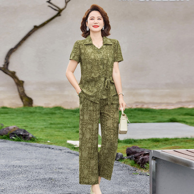 中老年夏装女洋气中年妈妈装套装两件套衣服时尚简约印花服装短袖