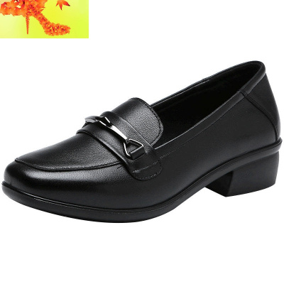 中老年女鞋春秋妈妈鞋软底皮鞋子中跟粗跟单鞋方头大码休闲鞋简畅休闲鞋
