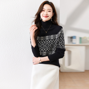 免费试穿 加厚高领100纯羊毛衫新款高领提花修身韩版针织打底毛衣厚针织上衣服打底衫秋冬内搭大码显瘦洋气打底衫女