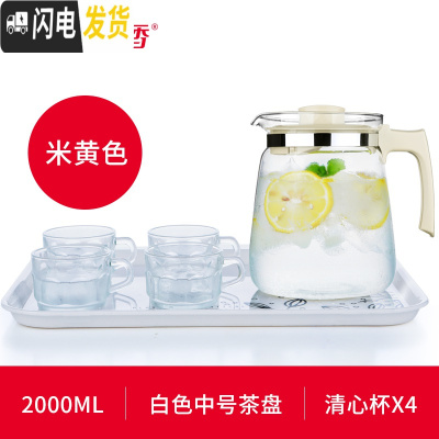 三维工匠1.5/2耐热玻璃泡茶壶冷水壶大容量凉水壶大号家用可高温 米黄色+BB291+白色茶盘(茶盘花样随机发