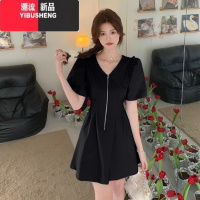 YIBUSHENG法式复古短袖连衣裙女2024新款季大码胖mm甜美洋气褶皱收腰裙子
