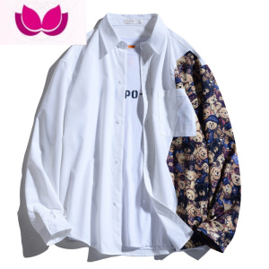 七斓卡通熊拼接长袖衬衫男女ins慵懒风宽松韩版情侣上衣原宿风潮