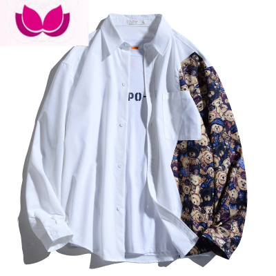 七斓卡通熊拼接长袖衬衫男女ins慵懒风宽松韩版情侣上衣原宿风潮