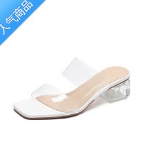 SUNTEK紅青蜒透明凉鞋女夏2023新款一字带粗跟中高跟仙女风凉拖水晶外穿