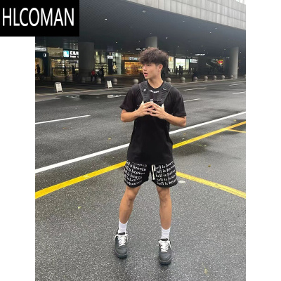 HLCOMAN美式复古创意字母印花宽松短裤男夏季潮牌网眼篮球休闲抽绳四分裤