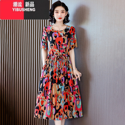 YIBUSHENG新款气质洋气年轻款棉绸连衣裙女季碎花妈妈显瘦人造棉裙子外穿