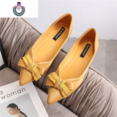 FISHBASKET2020秋新款韩版百搭蝴蝶结尖头气质浅口软底单鞋女舒适软皮平底鞋休闲鞋