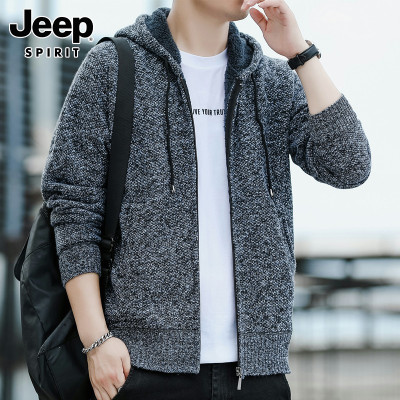 Jeep吉普毛衣男士针织开衫春秋季潮牌痞帅百搭休闲连帽卫衣外套男
