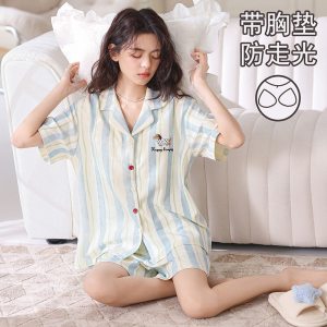 春夏季女短袖短裤睡衣开衫带胸垫翻领纯棉卡通可爱家居服套装