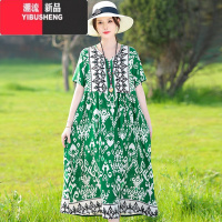 YIBUSHENG高端棉绸连衣裙女新款季女妈妈民族风人造棉宽松大码外穿长裙子