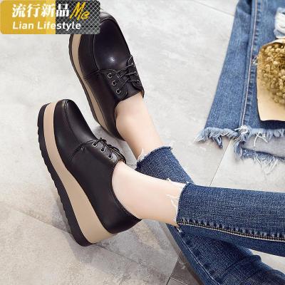 坡跟增高小皮鞋女2020秋冬松糕厚底黑色系带单鞋韩版百搭英伦女鞋知义(ZHIYI)休闲鞋