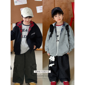 童酷男童秋季新款韩版字母刺绣宝宝卫衣格子内里连帽儿童外套