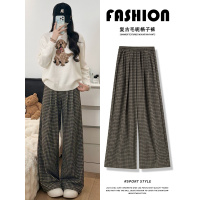 黑灰色格子裤子女新款秋季高腰垂感宽松休闲小个子毛呢阔腿裤