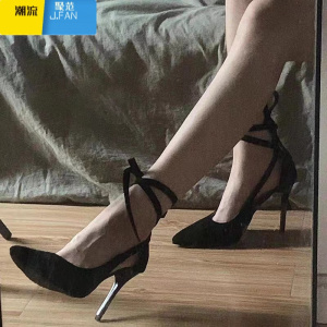 聚范系带高跟鞋女2024新款性感黑色细跟床上凉鞋绑带职业单鞋女