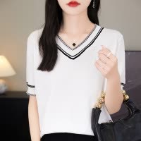 v领短袖T恤女夏季新款女装薄款鸡心领上衣半袖t桖精仿羊毛针织衫