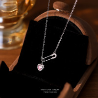 爱心回形针项链女S925纯银小众时尚轻奢粉色锆石锁骨链可爱礼物送女朋友老婆情人节七夕生日礼物