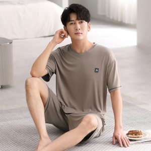 春夏季短袖睡衣男士薄款青少年休闲简约可外穿家居服套装