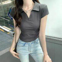 含棉 辣妹风polo领短袖T恤女新款设计感小众修身显瘦短款上衣