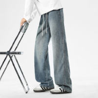 青少年港风牛仔裤男宽松直筒百搭松紧系绳水洗拖地裤子垂感显高款