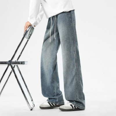 青少年港风牛仔裤男宽松直筒百搭松紧系绳水洗拖地裤子垂感显高款