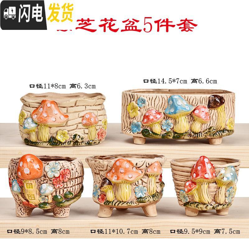 三维工匠蘑菇多肉花盆拼盘大号复古蘑菇房子个性创意肉肉花盆陶瓷粗陶透气 云芝花盆5件套 中等花盆容器