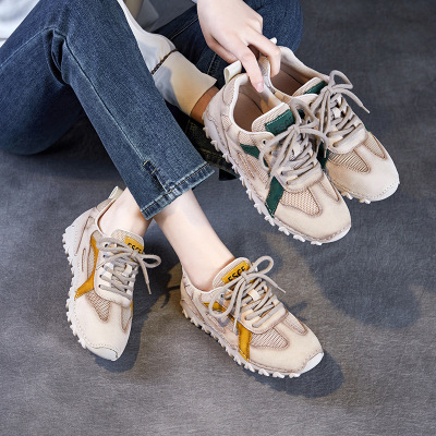 春夏新款真皮圆头撞色运动休闲女复古系带平跟透气网纱阿甘鞋