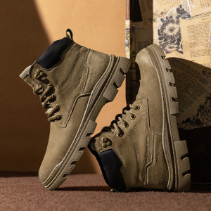 秋季新款马丁靴高帮皮面英伦风运动工装潮鞋时尚大厚底增高男鞋