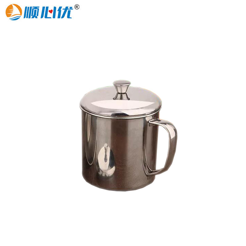 顺心优 304不锈钢水杯 口杯 手柄办公室茶杯 9cm450ml带盖/个