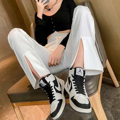 语娄白色开叉西装裤女直筒休闲裤垂感高腰显瘦阔腿拖地裤宽松分叉裤子西裤