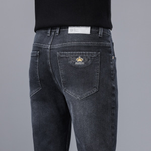 日常百搭高腰男士刺绣牛仔裤时尚弹力抗皱免烫宽松大码直筒裤男生