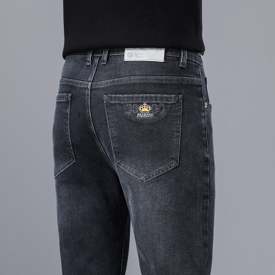 日常百搭高腰男士刺绣牛仔裤时尚弹力抗皱免烫宽松大码直筒裤男生