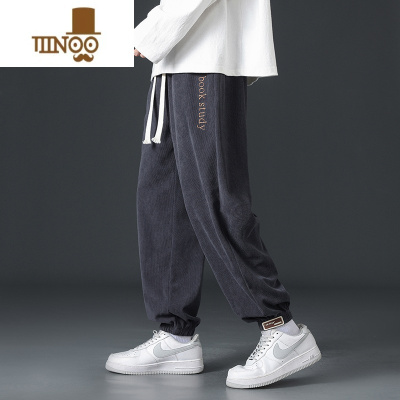 YANXU灯芯绒束脚裤子男士潮牌宽松休闲运动裤男生刺绣字母垂感裤