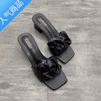 SUNTEK2023夏季新款韩版粗跟中跟一字拖鞋女外穿百搭网红大码凉鞋41-43