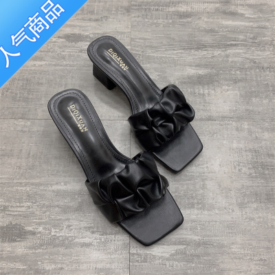 SUNTEK2023夏季新款韩版粗跟中跟一字拖鞋女外穿百搭网红大码凉鞋41-43