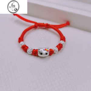 JiMi999宝宝银银手链女公主小猫咪圆珠红绳手工编织足银卡通儿童礼物