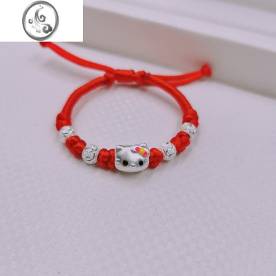 JiMi999宝宝银银手链女公主小猫咪圆珠红绳手工编织足银卡通儿童礼物