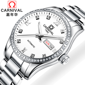 正品嘉年华Carnival手表瑞士品牌男士全自动机械表 男表时尚镶水钻玫瑰金夜光防水男表精钢金属材质腕表8692