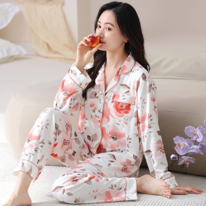 春秋季新款长袖开衫家居服棉质睡衣女款休闲宽松翻领两件套可外穿
