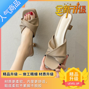 SUNTEK办公室拖鞋女夏季外穿2023年新款法式气质细跟高跟鞋复古中跟凉拖